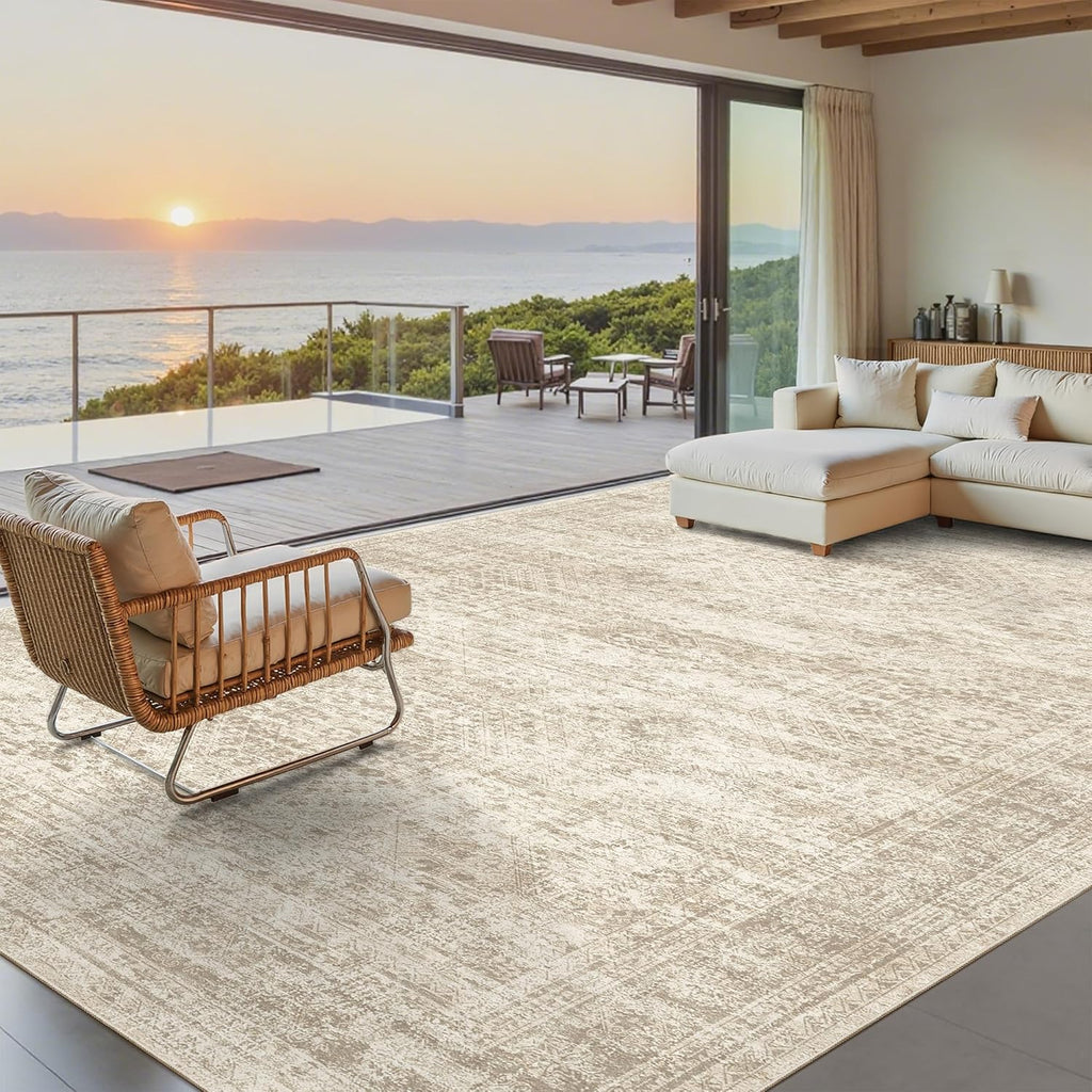 Soalmost Vintage Beige Geometric 8x10 Washable Area Rug for Living Room