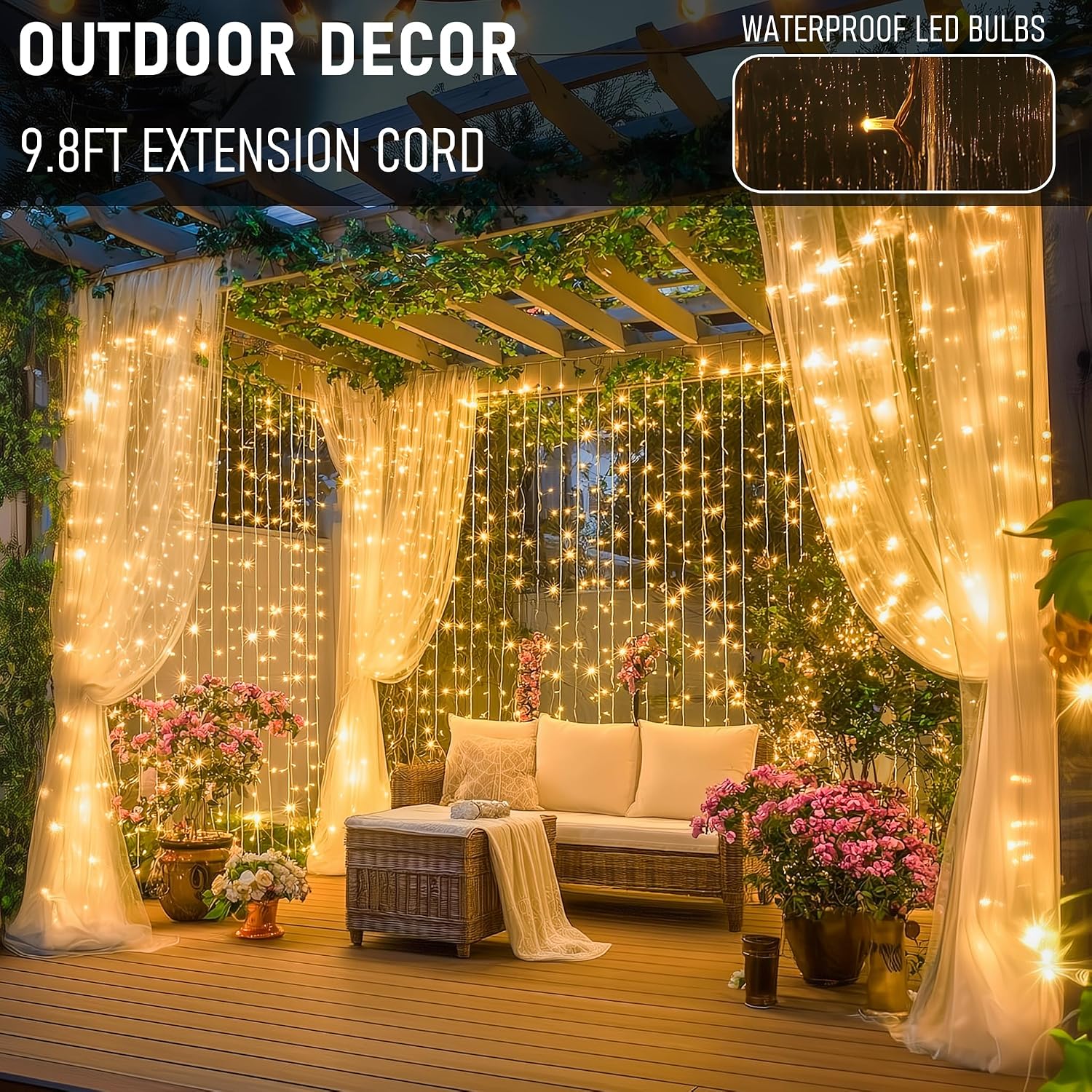 Dazzle Bright 300-LED Plug-in Curtain Lights for Indoor/Outdoor Decor