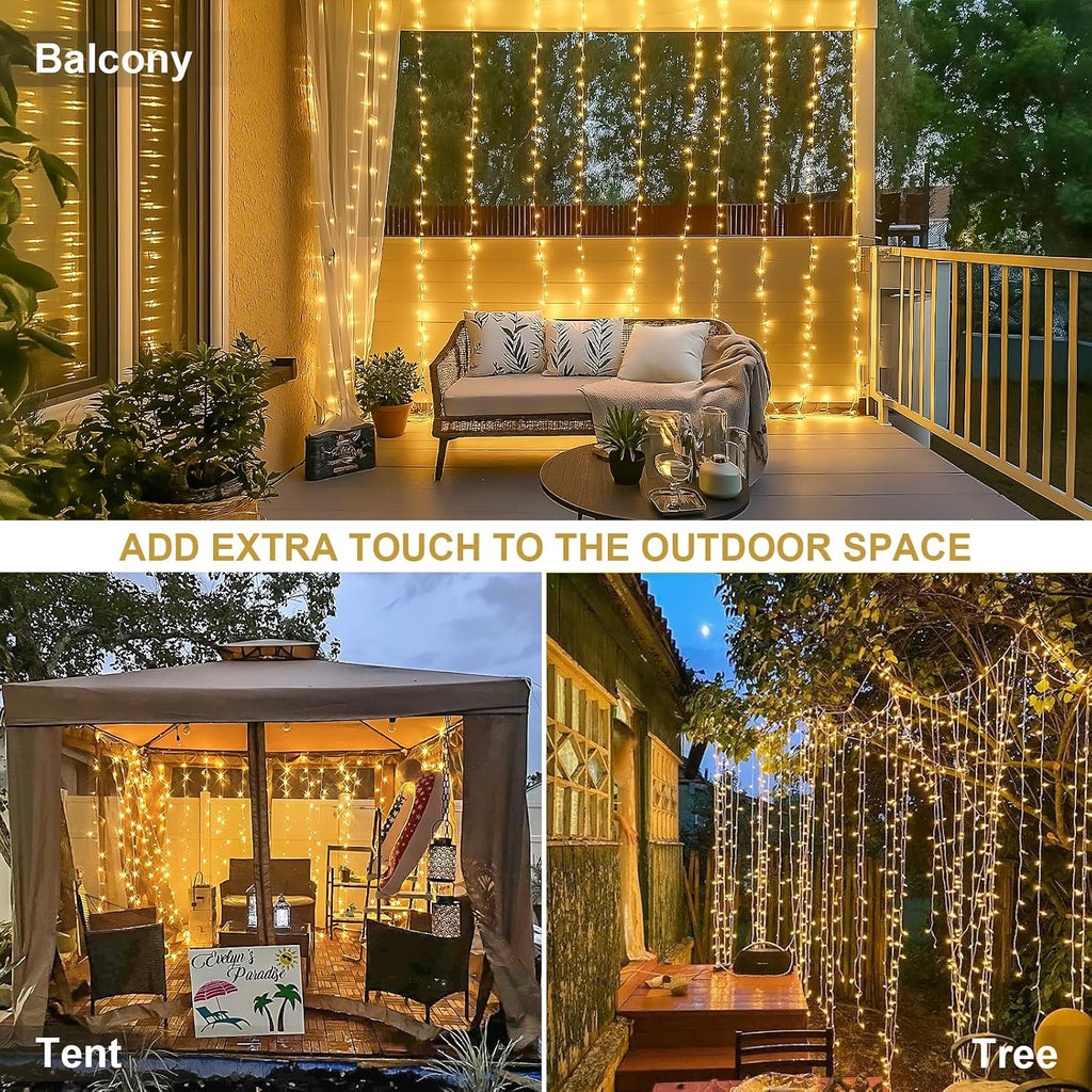 JMEXSUSS 300 LED Remote Control Indoor Outdoor Curtain Lights - Warm White