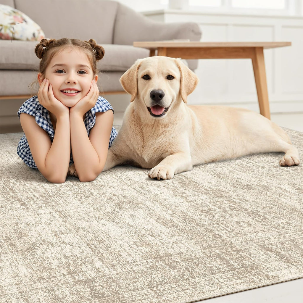 Soalmost Vintage Beige Geometric 8x10 Washable Area Rug for Living Room