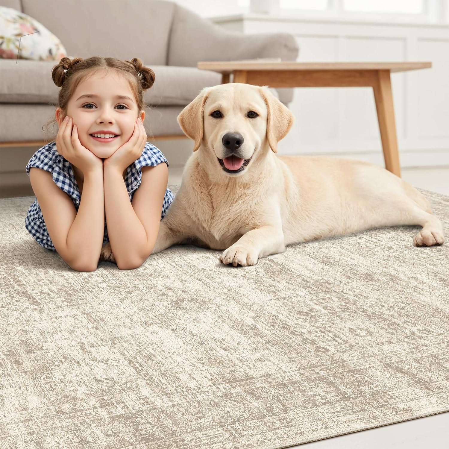 Soalmost Vintage Beige Geometric 8x10 Washable Area Rug for Living Room