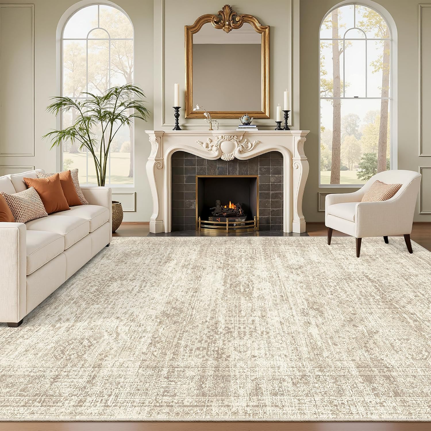 Soalmost Vintage Beige Geometric 8x10 Washable Area Rug for Living Room
