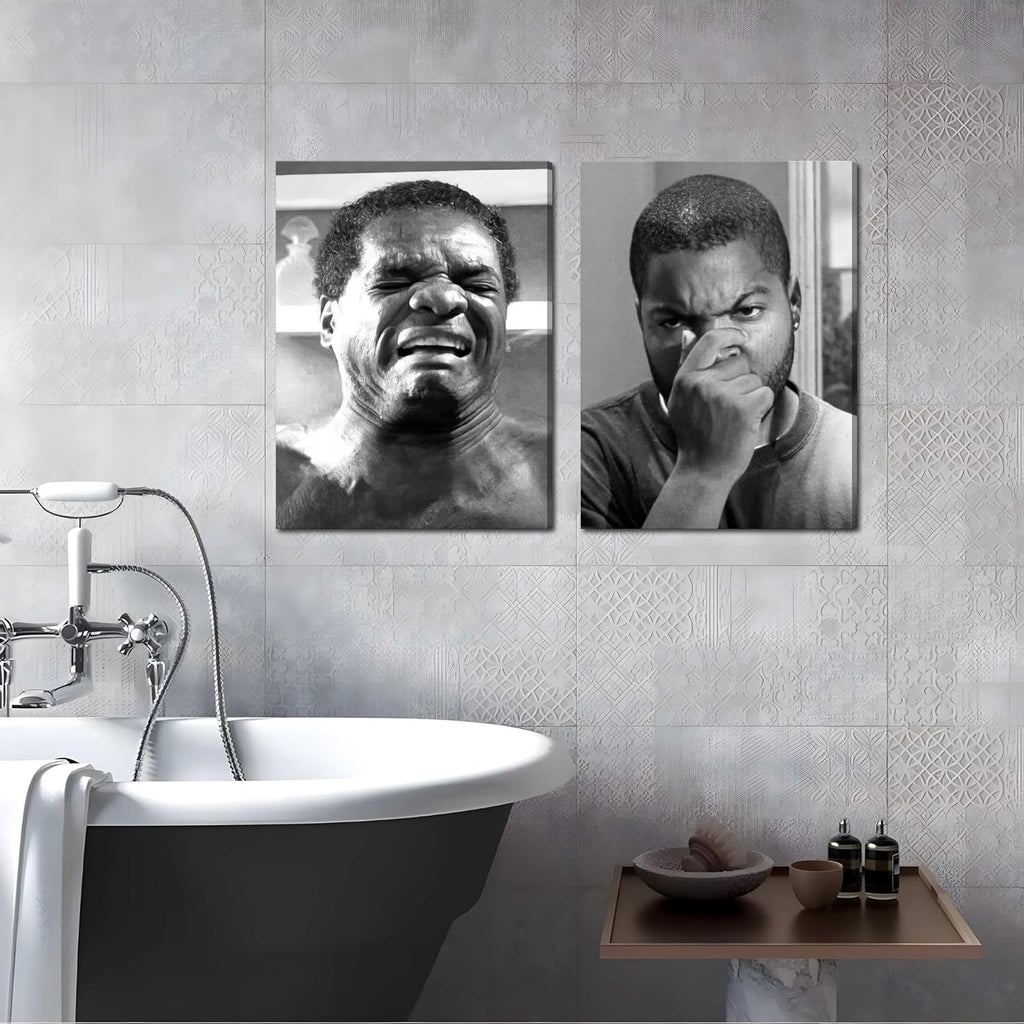 Funny Bathroom Wall Art Set of 2 - Black & White Comedy Movie Posters (12x16in) by ZNHART
