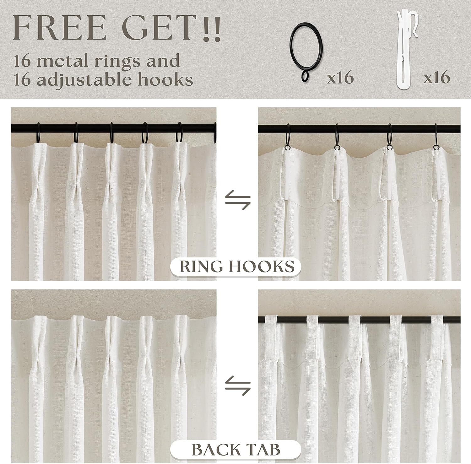 TWODRAPES Natural Pinch Pleat Linen Curtains 84x40 (2 Panels)