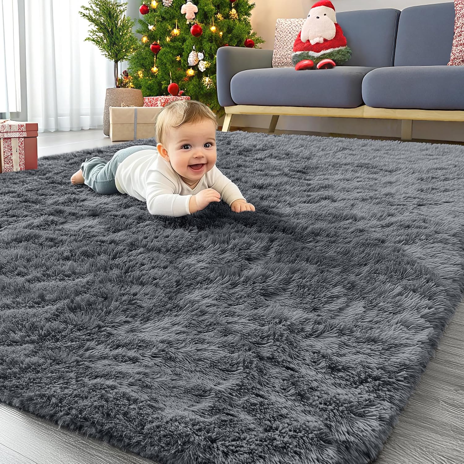 OLANLY Machine Washable 4x5.9 ft Grey Shaggy Rug - Soft Bedroom Living Room
